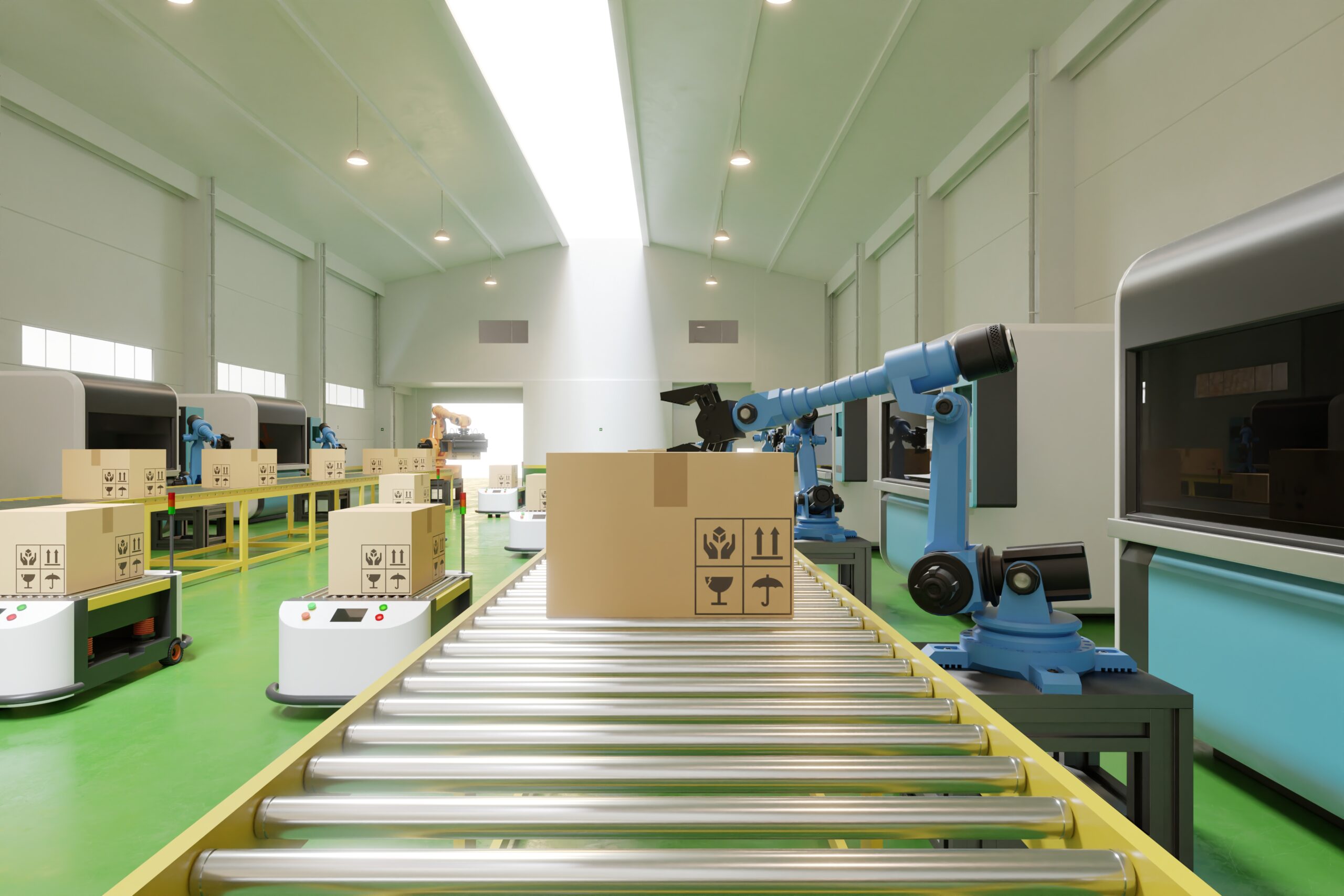 Interior - of - warehouse - in - logistic - center - have - AGV/Robot - arm
